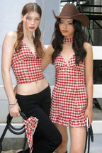 Vintage Red Plaid Deep V Halter Mini Dress image 4