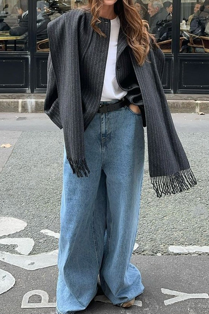 Striped Scarf Collar Tassel Loose Wool Coat image 2