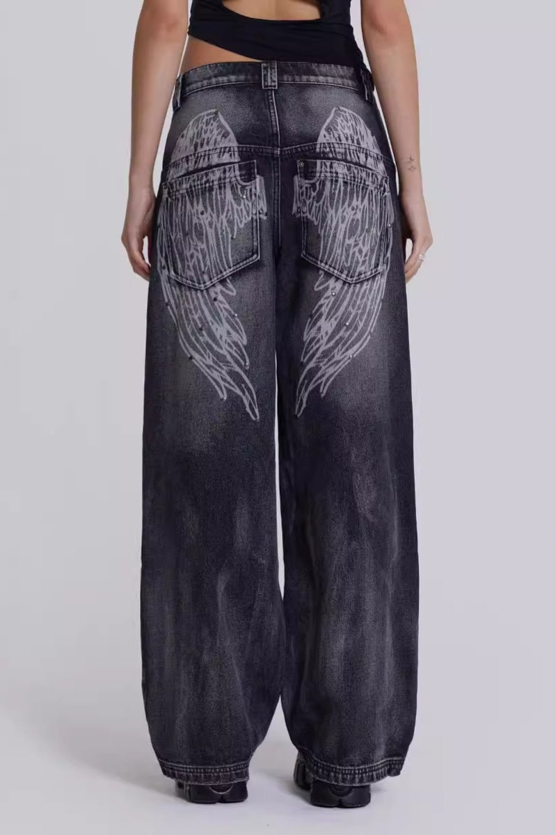 Y2K Angel Wing Print Washed Wide Leg Jeans image 2