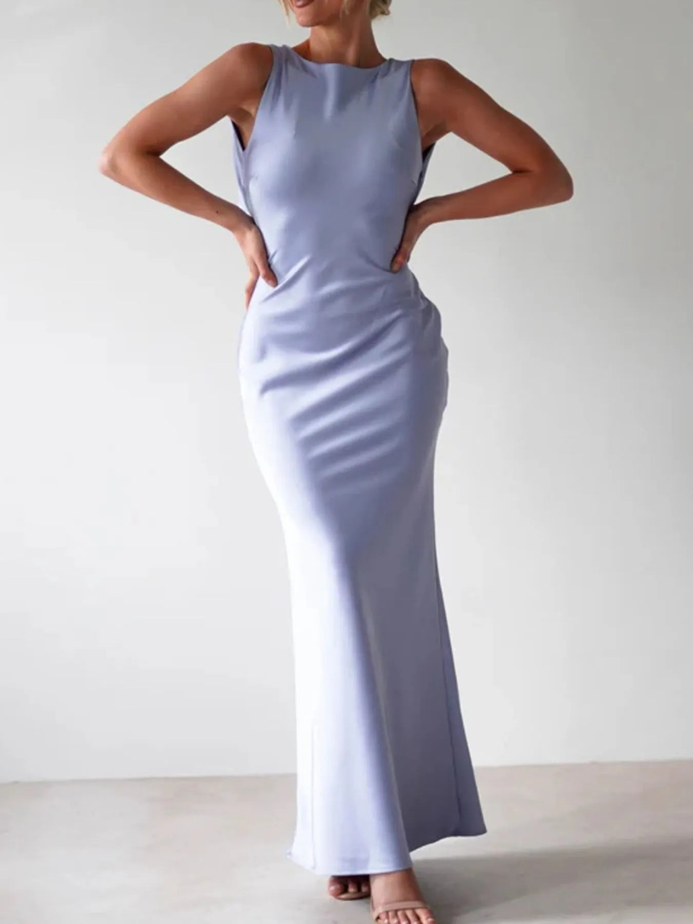 Sylvie Satin Maxi Dress detail view styled for Avrienne