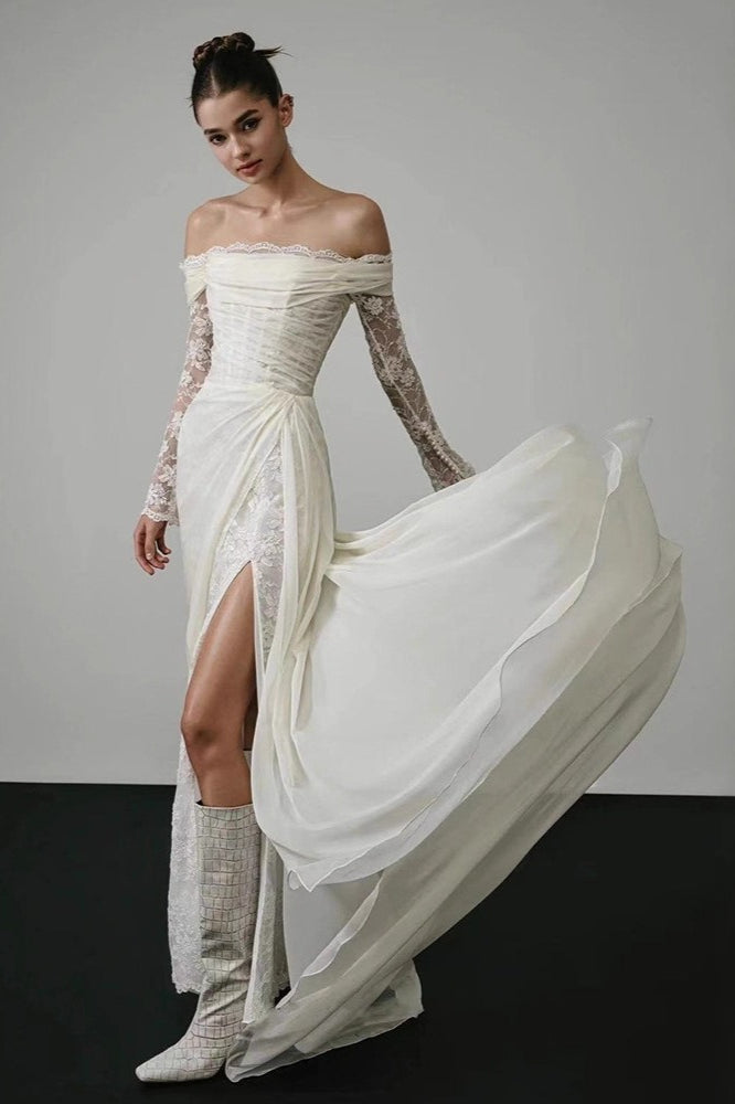 Long Sleeve Lace Off Shoulder Reception Dress image 2
