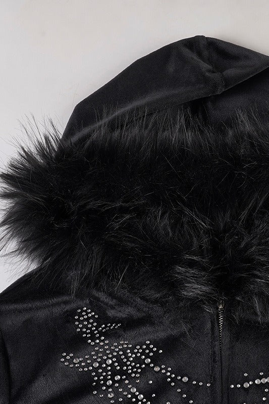 Gothic Rhinestone Fur Paneled Slim Hoodie image 6