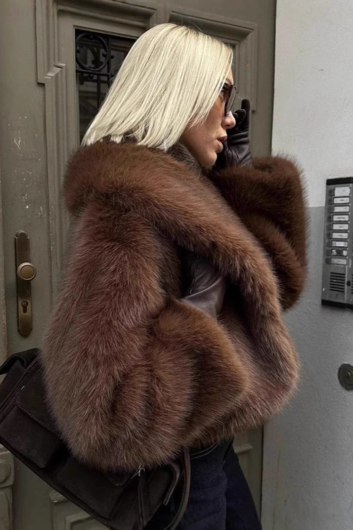 Retro Solid Color Plush Warm Short Notch Collar Coat image 1