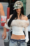 Fuzzy Long Sleeve Off Shoulder Asymmetric Long Sleeve Tee image 1