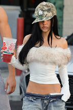 Fuzzy Long Sleeve Off Shoulder Asymmetric Long Sleeve Tee image 1