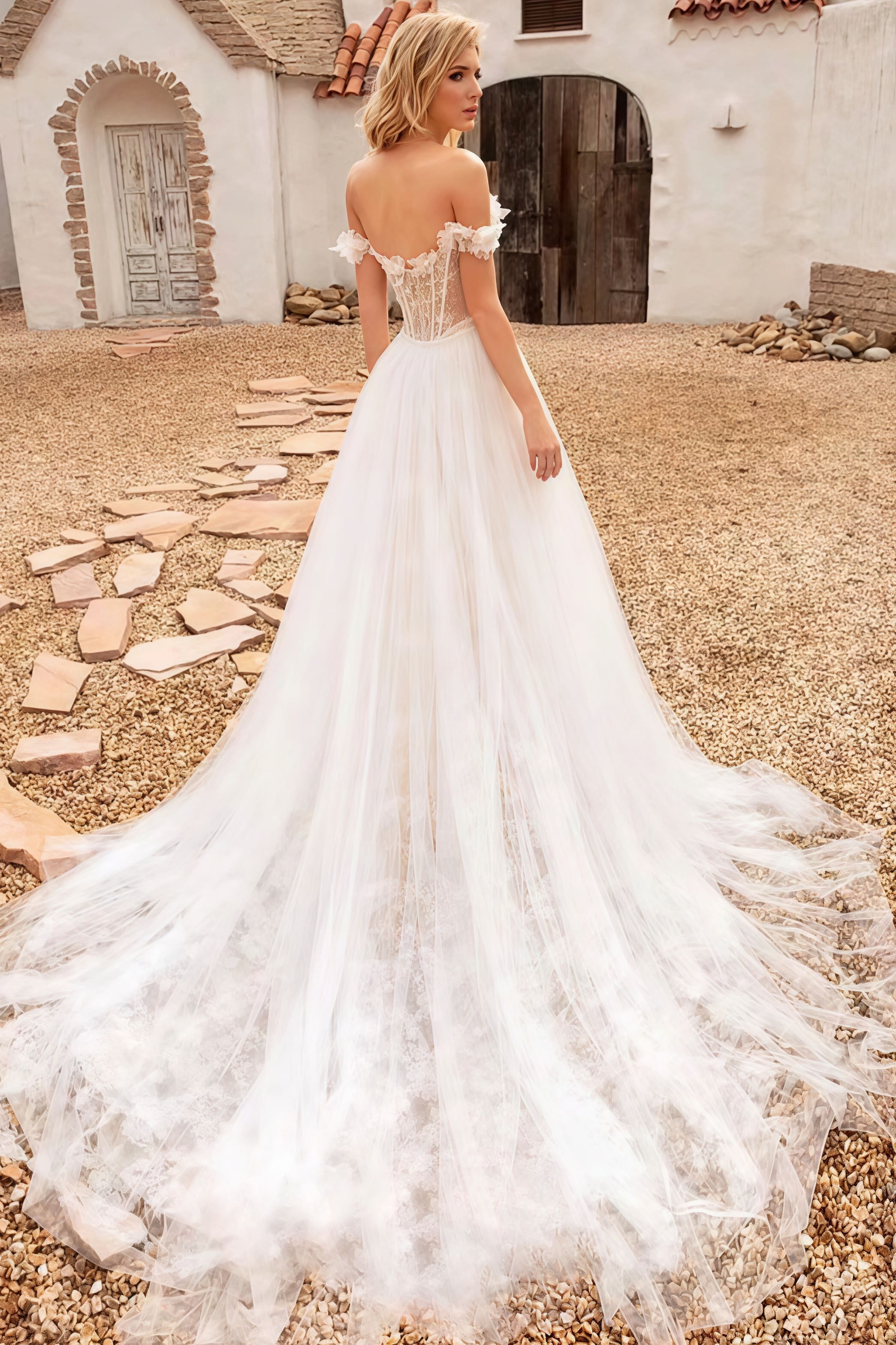 Off Shoulder Lace Applique Boned Wedding Dress image 5