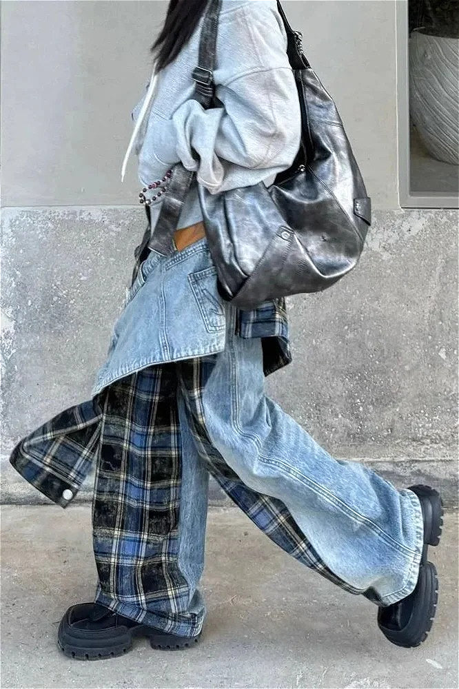 Plaid Patchwork High Waist Denim Pant image 3