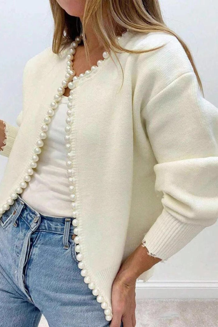 Pearl-Trimmed Crew-Neck Heavy-Detail Knit Cardigan image 1