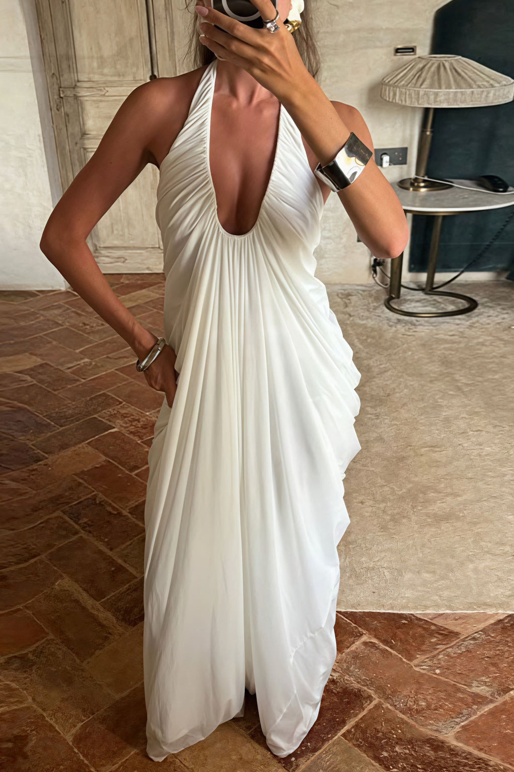 Loose V Neck Ruffled Halter Tulle Maxi Dress image 3