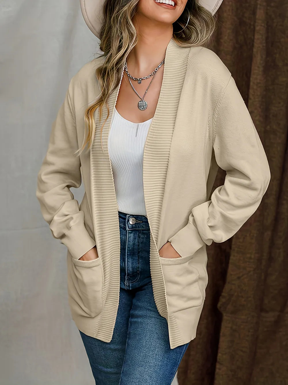 Anya Open Cardigan detail view styled for Avrienne