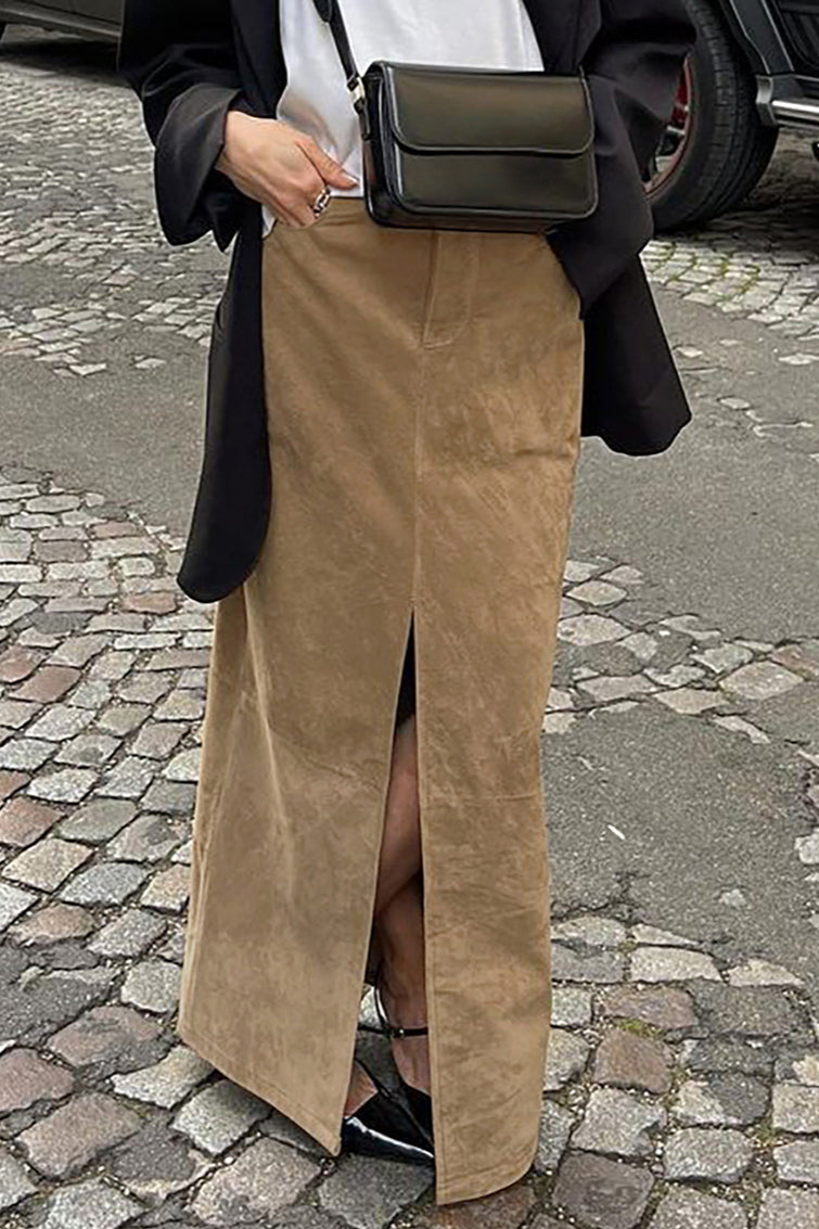 Vintage Suede Brown High Waist Split Midi Skirt image 4