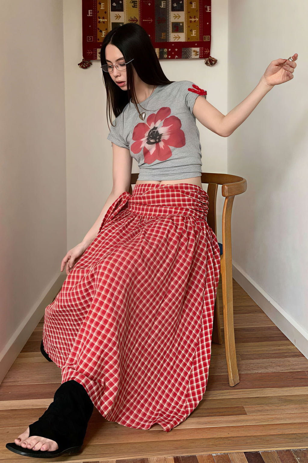 Color Block Plaid Tie Side Zip Loose Skirt image 3