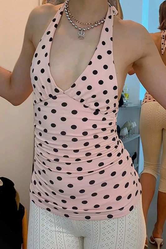 V Neck Halter Polka Dot Blouse image 1