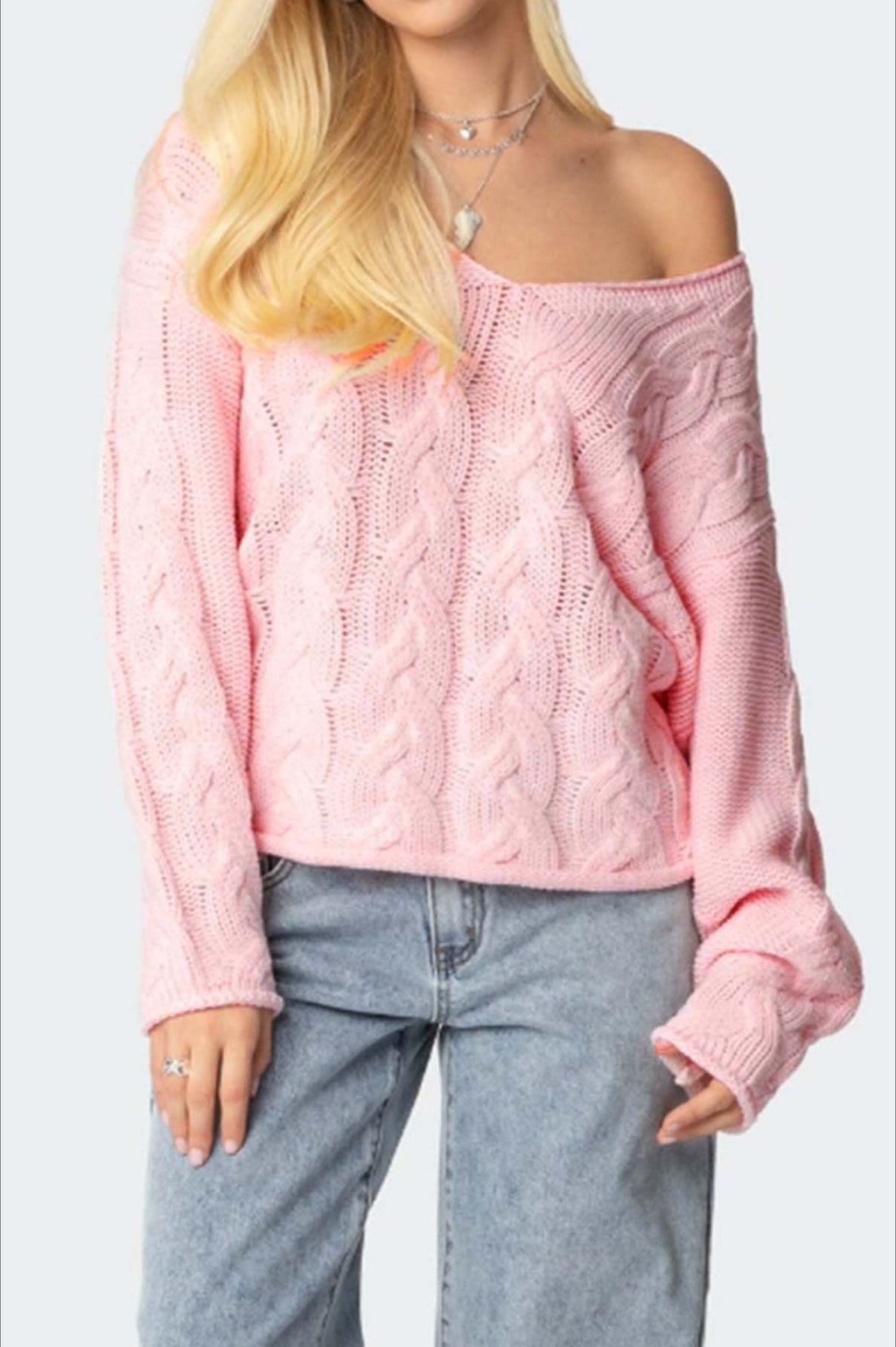 Solid Color V-Neck Cable-Knit Loose Sweater image 5