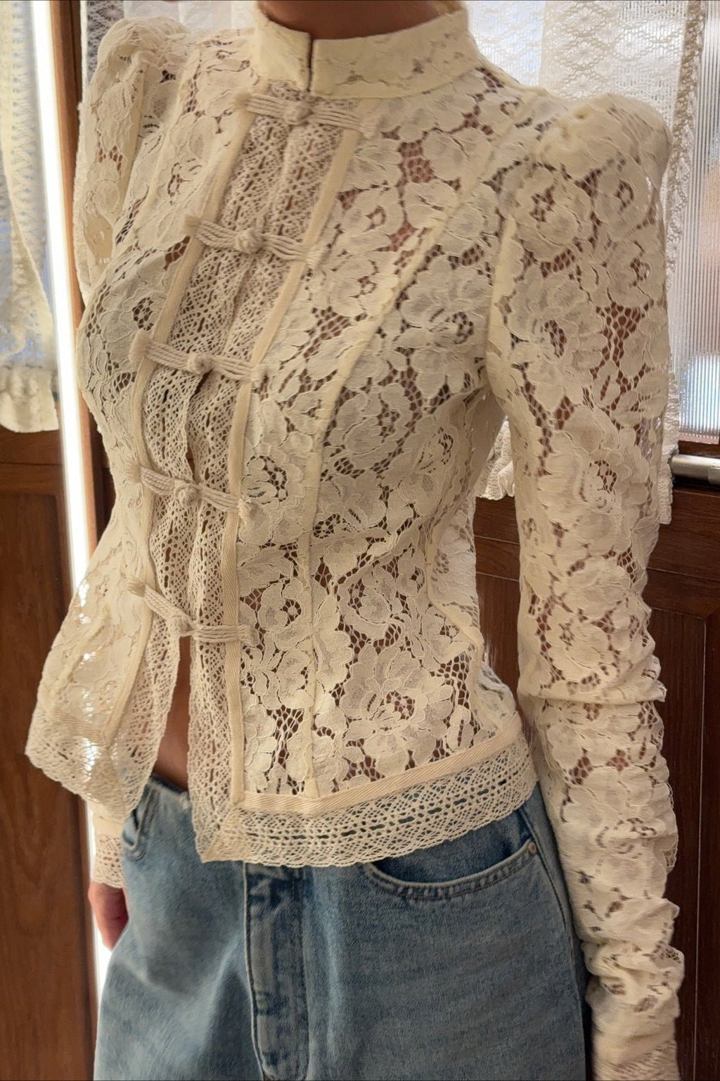 Soft-Style Stand-Collar Frog-Button Lace Cutout Cardigan image 6