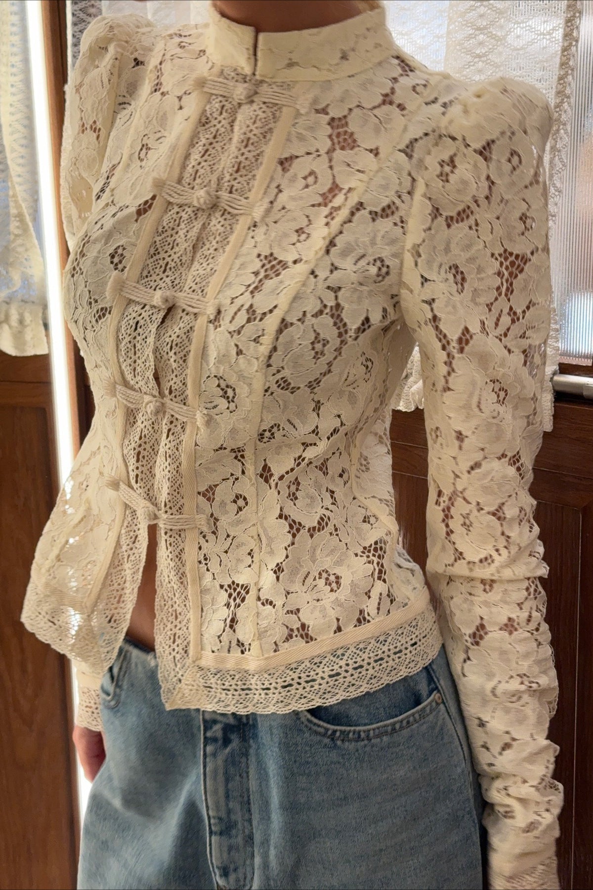 Soft-Style Stand-Collar Frog-Button Lace Cutout Cardigan image 6
