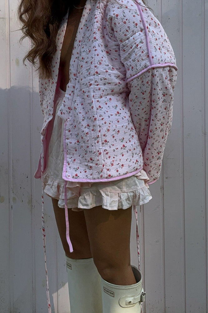 Pink Sweet Floral Tie V-neck Flared Sleeve Coat image 2