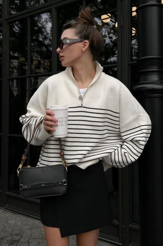 Striped Zip-Front Polo Knit Sweater image 1