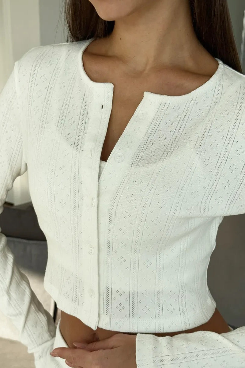 Knitted Cotton Jacquard Cropped Long Sleeve Three Piece Set image 4
