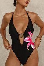 Sexy Floral Print Bikini Halter Deep V One Piece Swimwear image 1