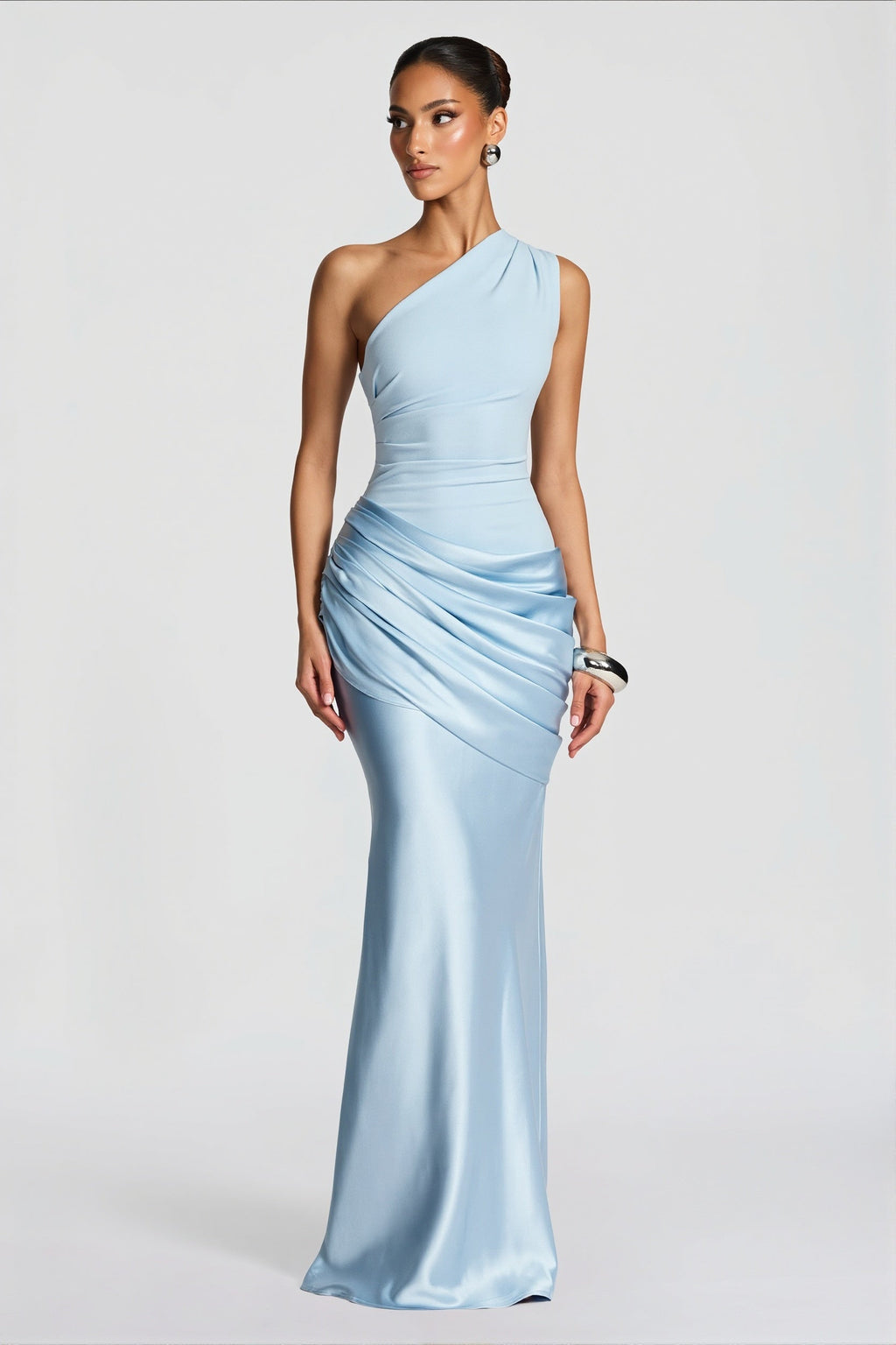 Satin Splice Ruched Slim Maxi Dress image 4