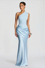 Satin Splice Ruched Slim Maxi Dress image 4