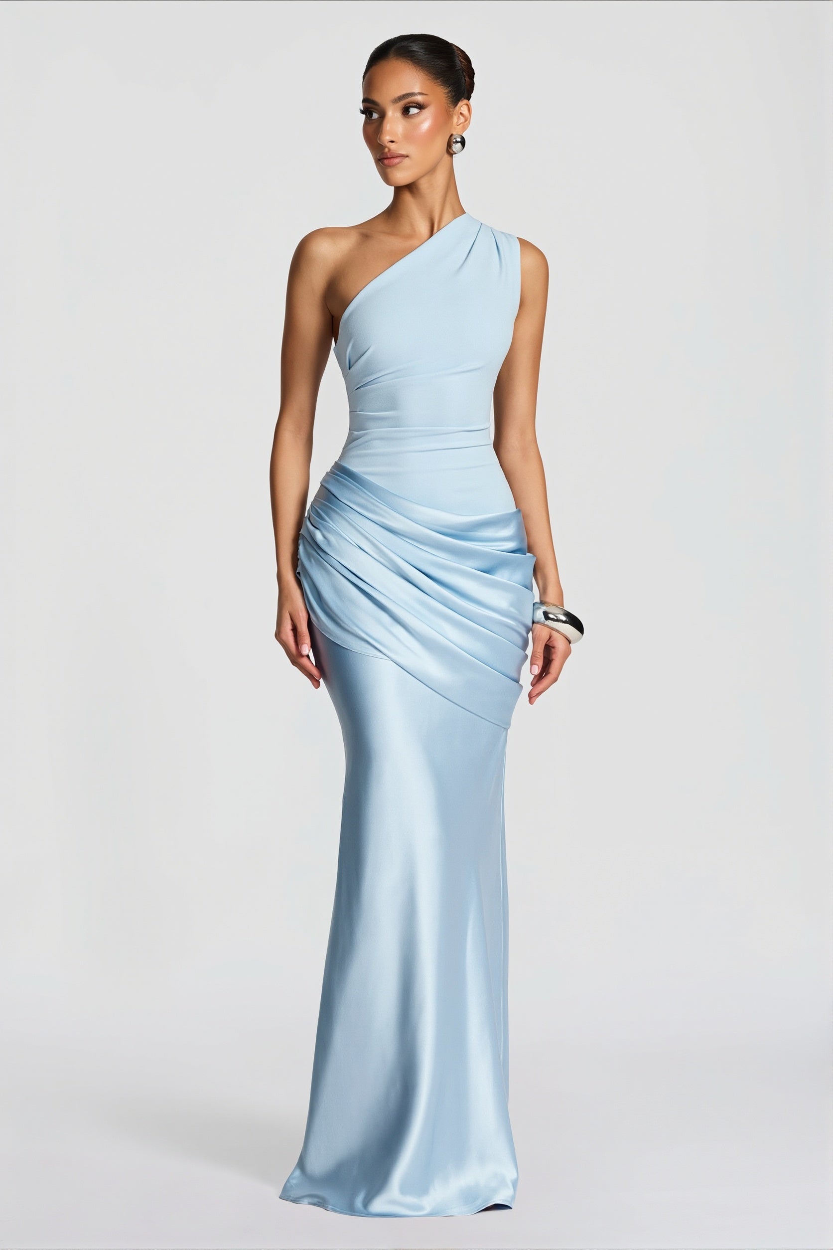 Satin Splice Ruched Slim Maxi Dress image 4