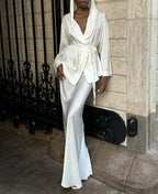 White Satin Hooded Slim Skirt Office Two Piece Set image 1