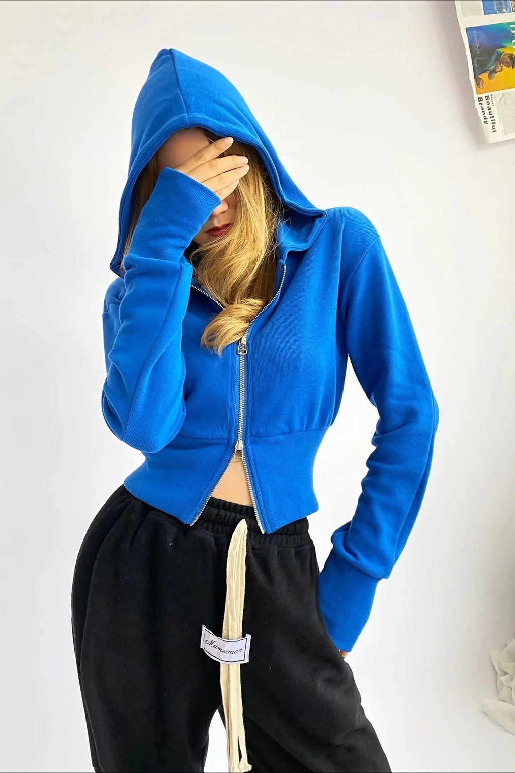 Solid Dual Zipper Slim Cropped Hoodie image 13