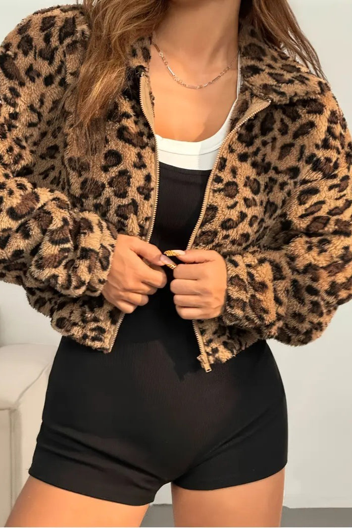 Elegant Leopard Print Hooded Zip-Up Coat image 2