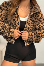 Elegant Leopard Print Hooded Zip-Up Coat image 2