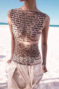 Letter Print Sheer Mesh Sleeveless Crew Neck Slim Blouse image 1