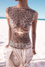Letter Print Sheer Mesh Sleeveless Crew Neck Slim Blouse image 1