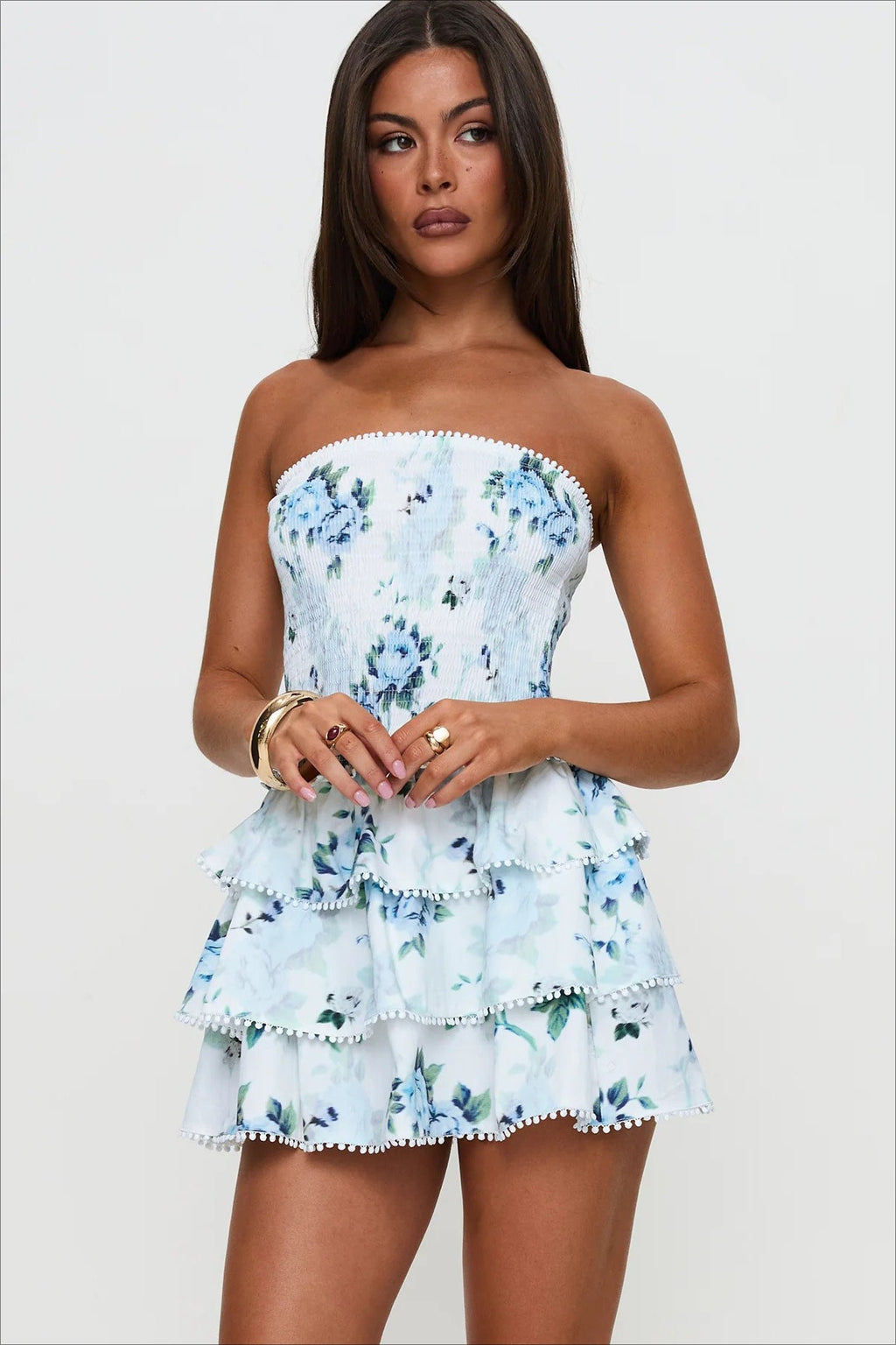 Elegant Floral Ruched Waist Mini Dress image 1