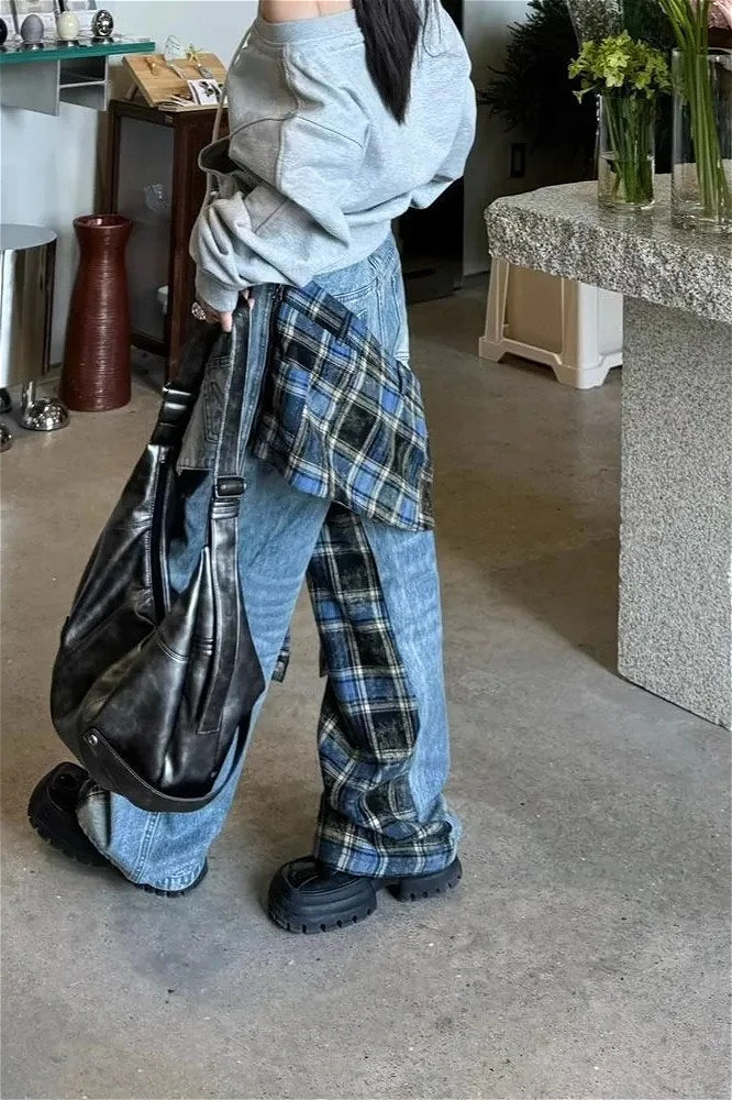 Plaid Patchwork High Waist Denim Pant image 5