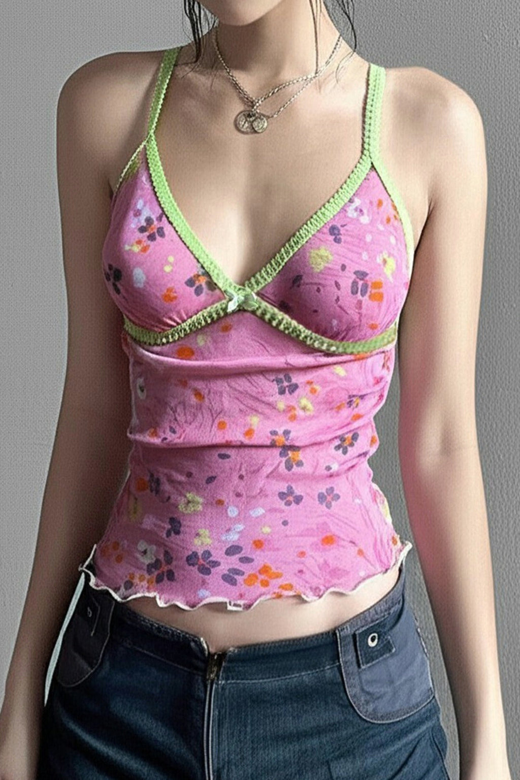 Mesh Floral Contrast V Neck Cami Top image 2