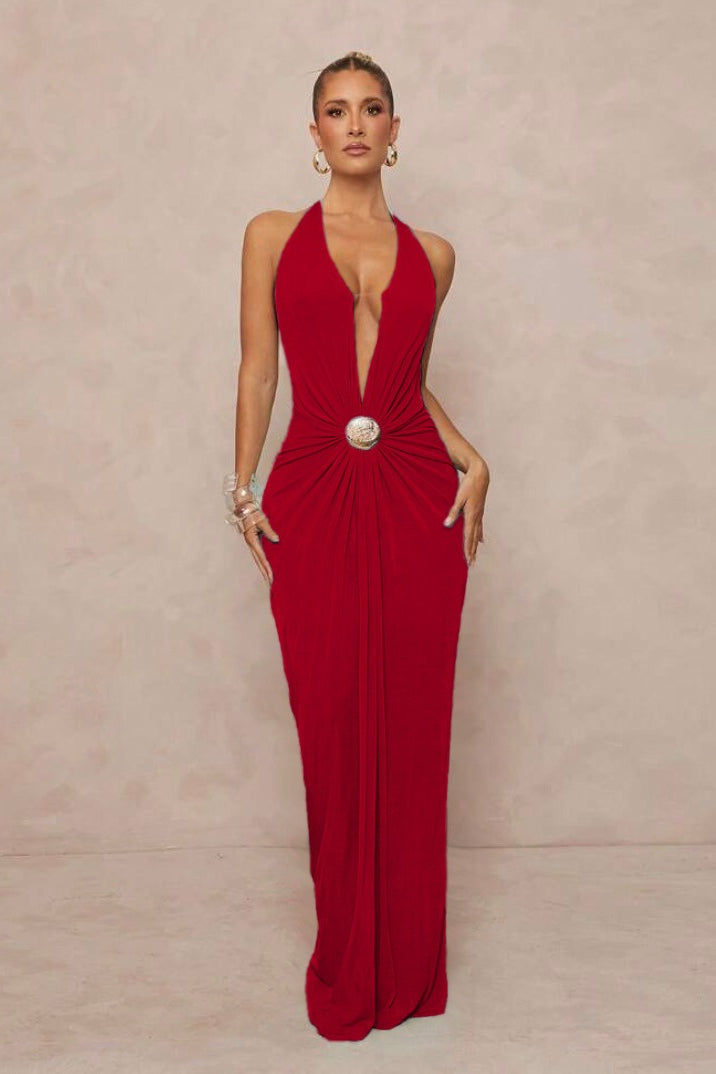 Deep V Halter Ruched Metal Trim Backless Maxi Dress image 16