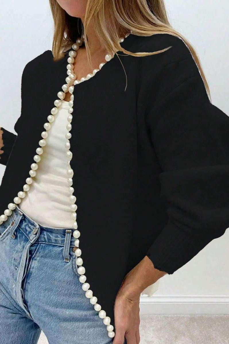 Pearl-Trimmed Crew-Neck Heavy-Detail Knit Cardigan image 6
