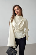 Chiffon Tie Waist Stand Collar Long Sleeve Tee image 1