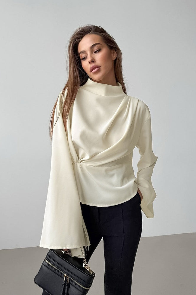 Chiffon Tie Waist Stand Collar Long Sleeve Tee image 1