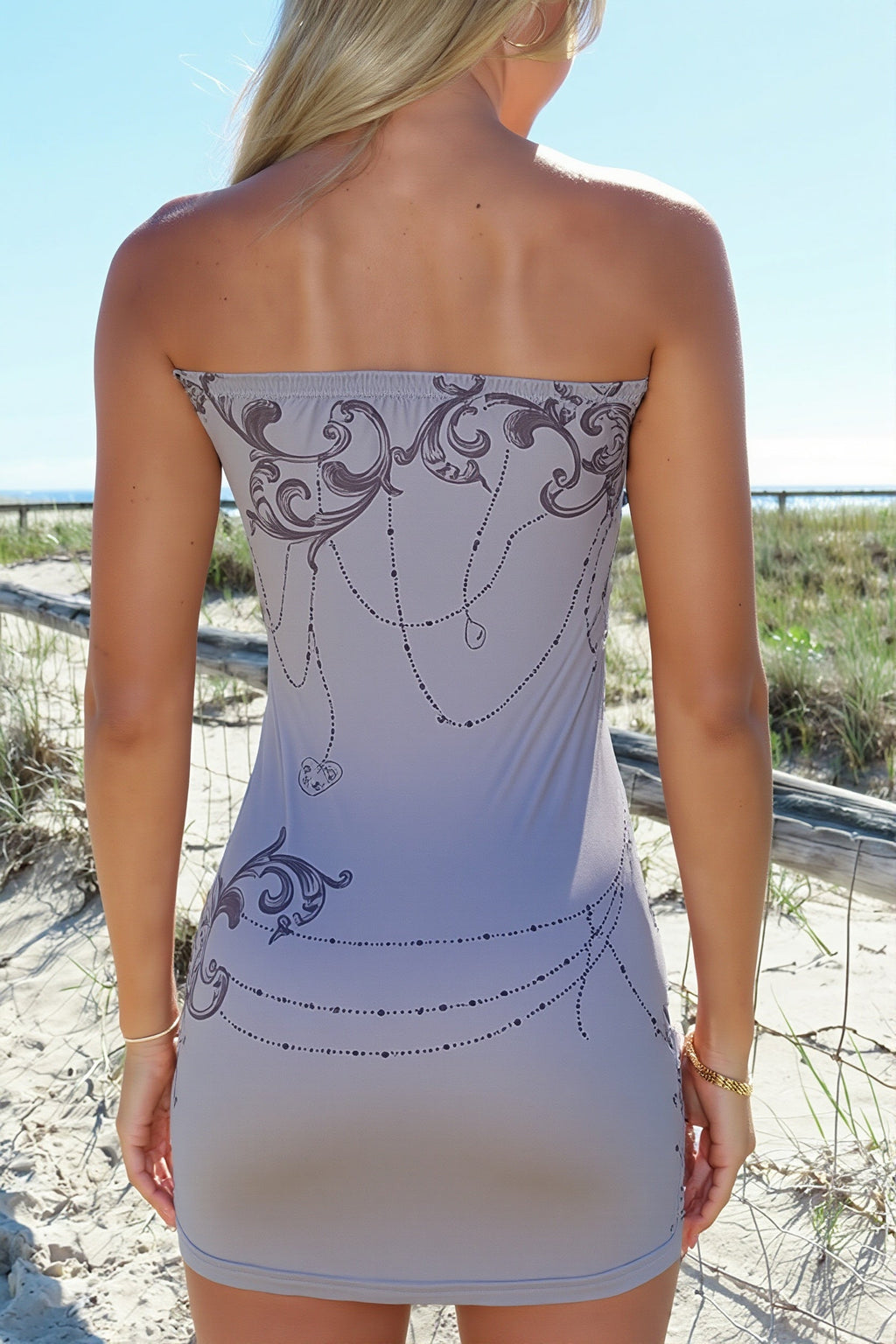 Chic Strapless Grommet Trim Sleeveless Pencil Mini Dress image 4