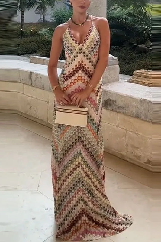 Contrast Color V-Neck Boho Dress image 1