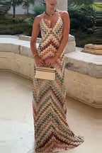 Contrast Color V-Neck Boho Dress image 1