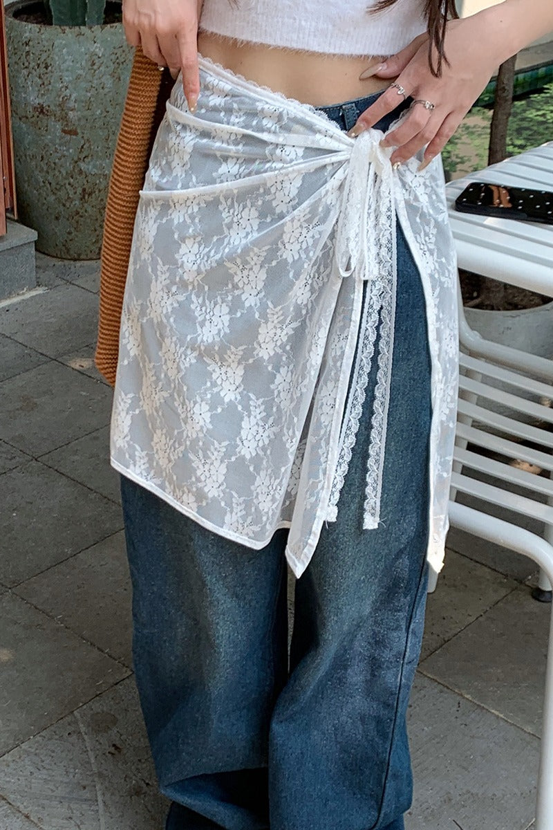 White Lace Apron Skirt with Tie Versatile Half Skirt image 2