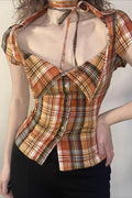 Plaid Fitted Waist Tie Neck Short Button Front Blouse image 1
