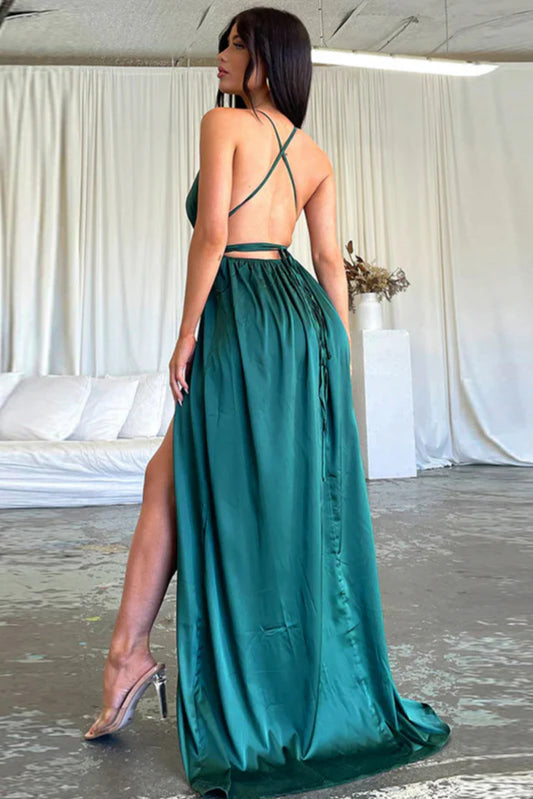 Satin V-Neck Waist-Cinching Split Dress Party Dress image 3