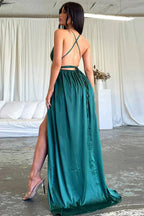 Satin V-Neck Waist-Cinching Split Dress Party Dress image 3