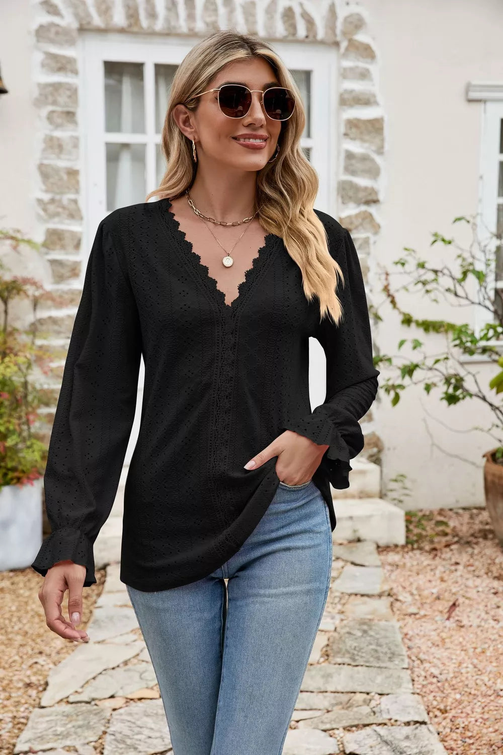 Lisette Eyelet Blouse detail view styled for Avrienne