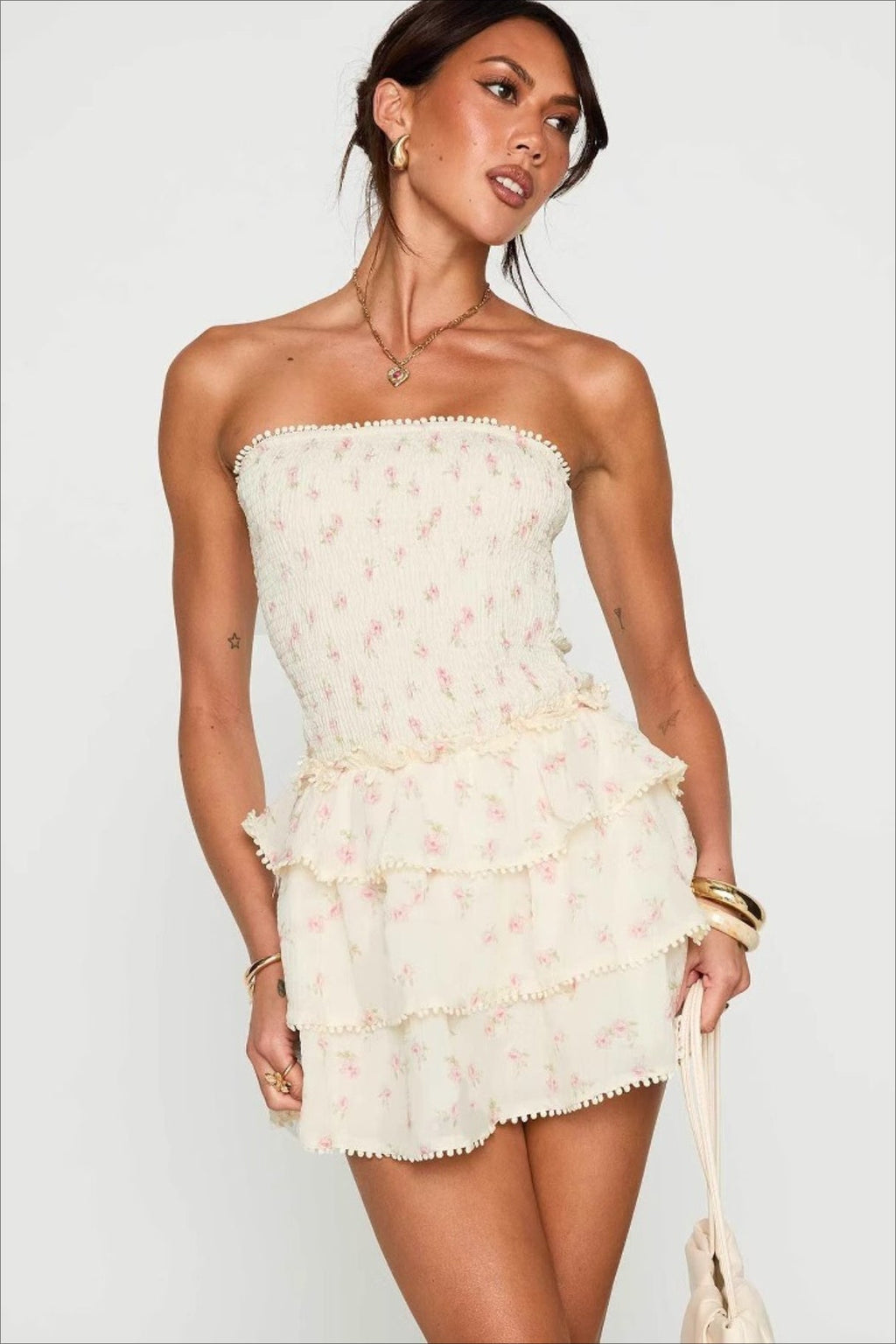 Elegant Floral Ruched Waist Mini Dress image 5