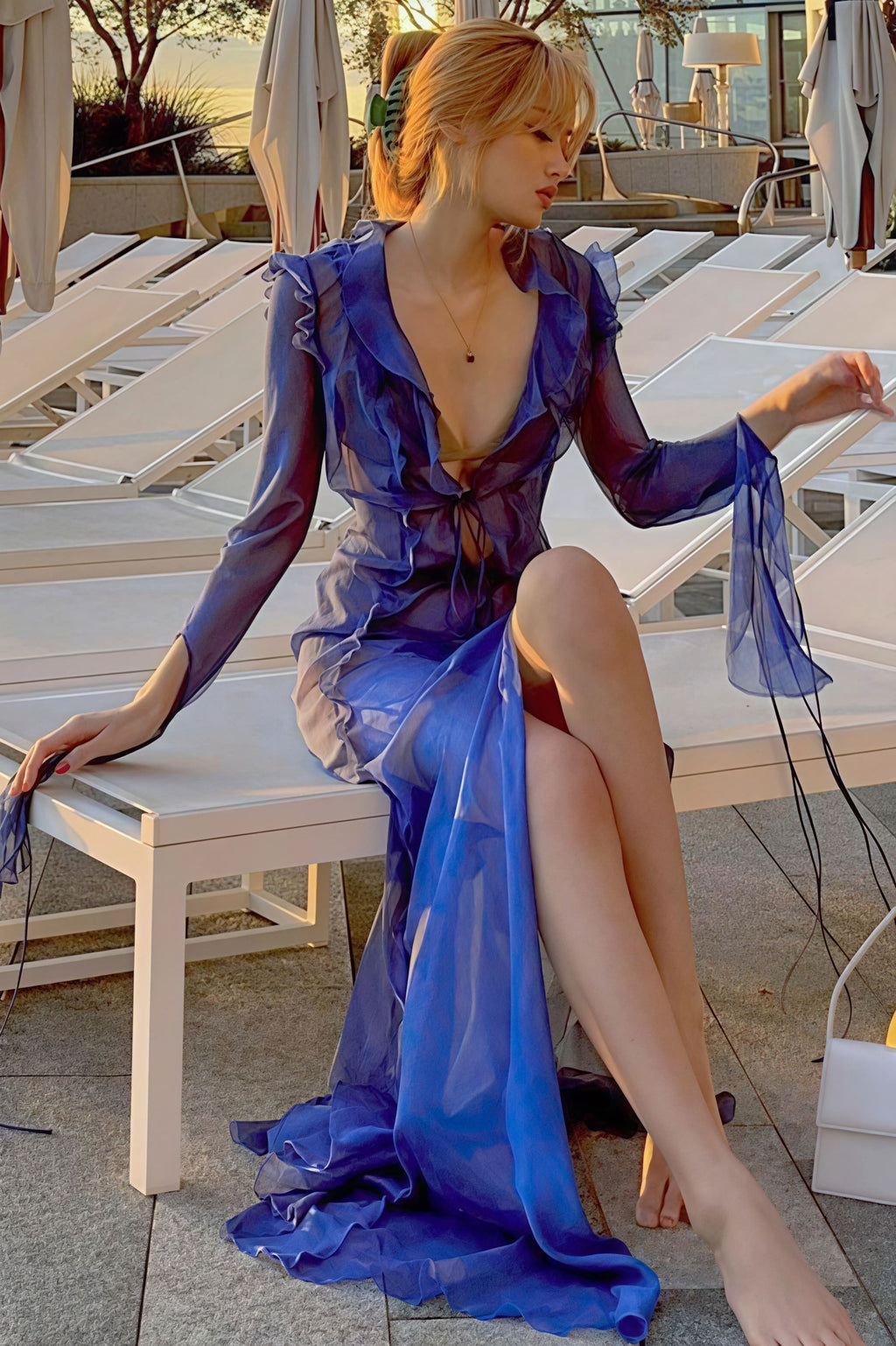 Chic Sheer V Neck Wrap Tie Slit Maxi Dress image 1